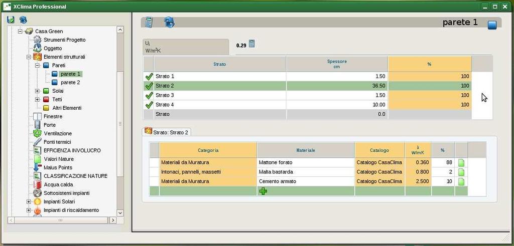 Utilizzo di materiali con certificazione ambientale: la definizione stratigrafica degli elementi costruttivi permette di utilizzare materiali prelevati dal catalogo CasaClima e dai cataloghi dei