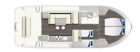 Ponte superiore con luce e prese 12V. Cabine e bagni Una cabina di prua spaziosa e luminosa con letto convertibile (singolo/matrimoniale).
