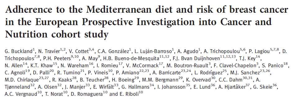 Dieta Mediterranea: risultati in EPIC HR (95%CI) Alto vs basso: 0.93 (0.90-0.96) 4.7%M e 2.4%F di tumori evitabili con score 6.