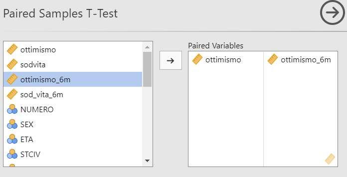 T-test per campioni appaiati Dalla finestra di dialogo che compare: Portare le variabili appaiate «ottimismo»