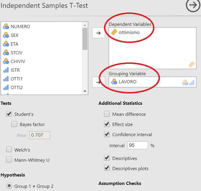 T-test per campioni indipendenti Dalla finestra di dialogo che compare: Portare la variabile di interesse «ottimismo» nel riquadro «Dependent Variables» Inseriamo