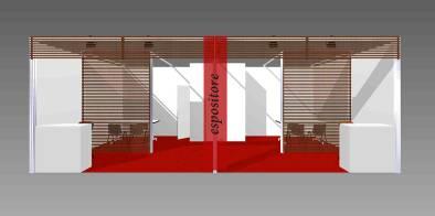 STAND TIPO F 32 MQ DIMENSIONI 8X4 ELEMENTO A DOGHE 1 RIPOSTIGLIO 200X100 CM 2 TAVOLO