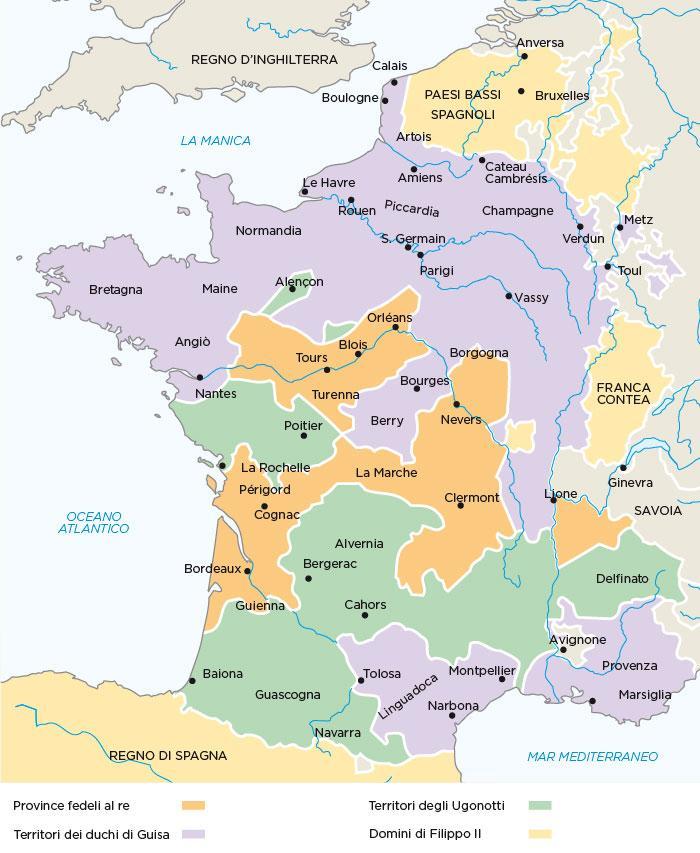 Guerre di religione in Francia. In Francia, la nobiltà si divide tra Cattolici (Guisa) e Ugonotti (Borbone).