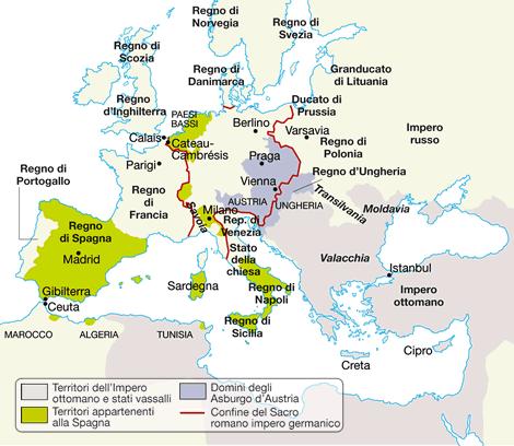 Con la Pace di Cateau-Cambrésis (1559), Milano e Napoli passano agli Spagnoli.