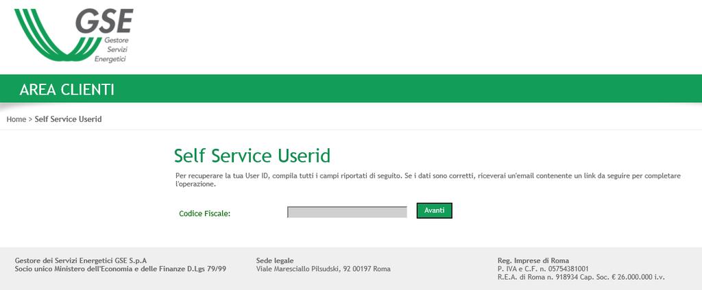 Accesso al portale internet GSE 2.4 Recupero UserId Il Portale offre tra le procedure disponibili, anche quella per il recupero dello userid utente qualora fosse dimenticato.