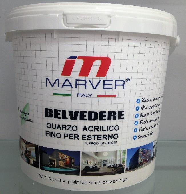 Quarzo Belvedere Descrizione: Prodotto a granulometria fina dotato di notevole resistenza alle intemperie, all'abrasione e all'umido.