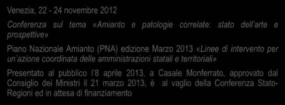 Il Piano Nazionale Amianto Venezia, 22-24 novembre 2012 Conferenza sul tema «Amianto e patologie correlate: stato dell arte e prospettive» Piano Nazionale Amianto (PNA) edizione Marzo 2013 «Linee di
