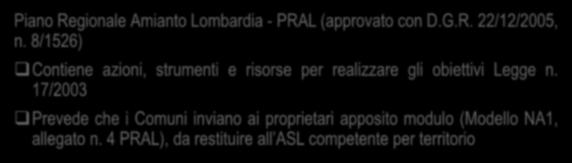 Regione Lombardia Piano Regionale Amianto Lombardia - PRAL (approvato con D.G.R. 22/12/2005, n. 8/1526) Contiene azioni, strumenti e risorse per realizzare gli obiettivi Legge n.