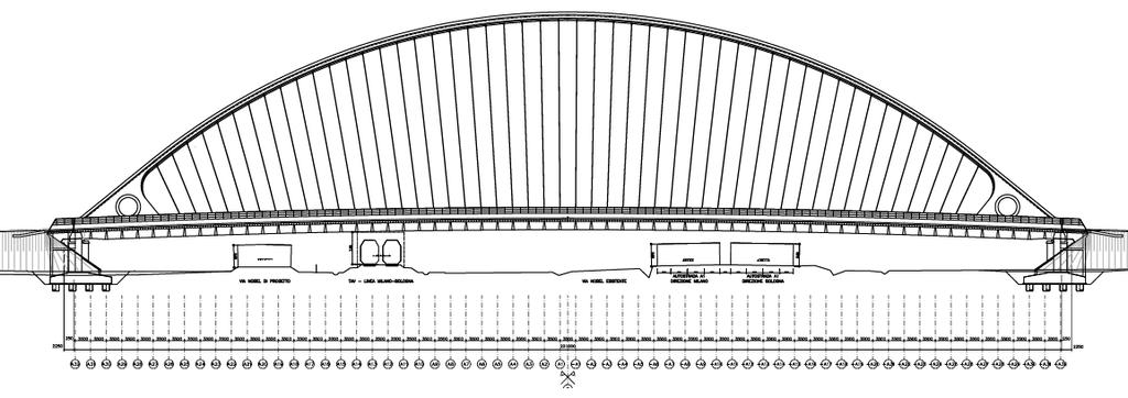 Prospetto longitudinale nord-ovest Lo schema strutturale è ad arco a via inferiore (a spinta eliminata) interamente in acciaio.