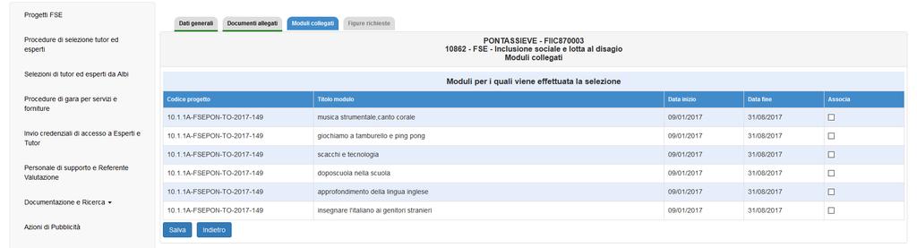 Nella sezione «moduli collegati», sarà