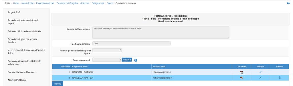 Modificare il numero degli ammessi in graduatoria I nominativi presenti nella graduatoria devono corrispondere ai