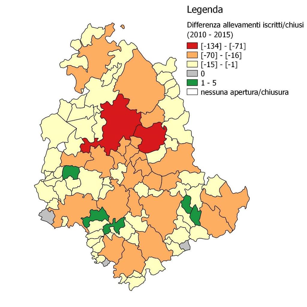 Figura 1: differenza totale tra allevamenti aperti e chiusi per comune dal 21 al 215 in Umbria Per una maggiore comprensione dell andamento della zootecnia bovina nel territorio umbro è utile