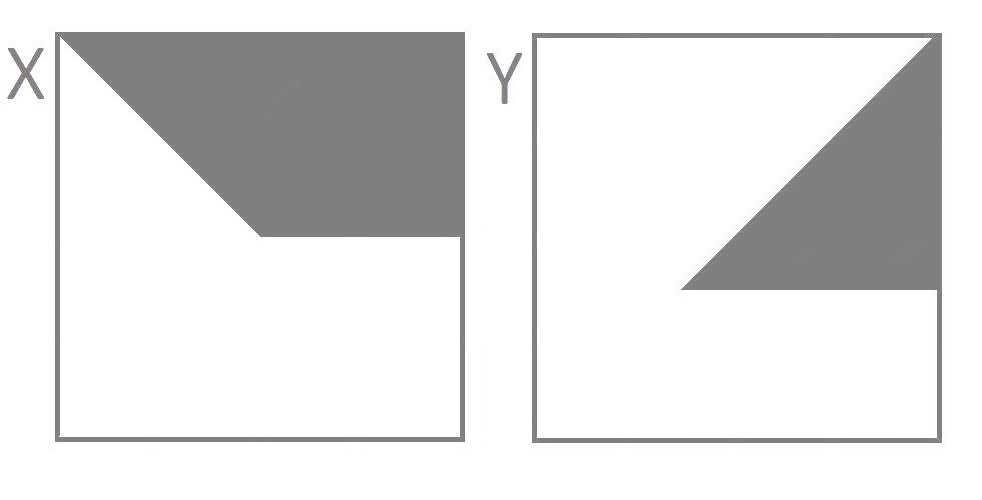 RSB0033 Le frazioni che rappresentano la parte colorata in grigio sull'area totale dei quadrati X e Y sono rispettivamente: a) 8/16 e 22/128.