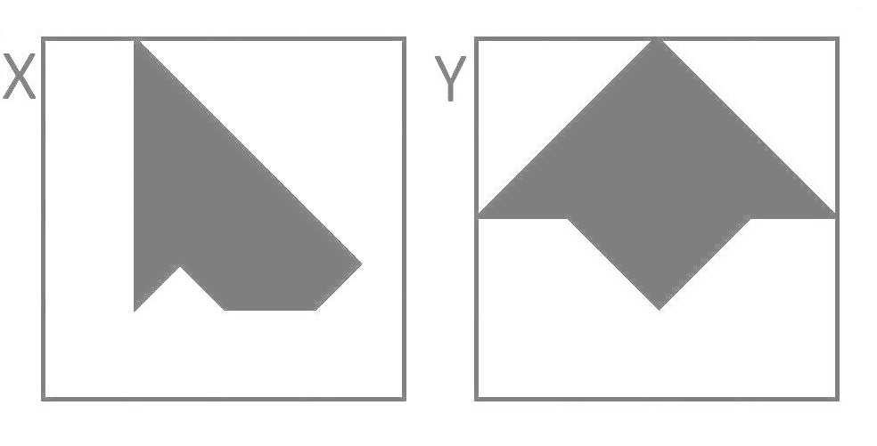 RSB0083 È maggiore la superficie colorata in grigio nel disegno X o maggiore la superficie bianca nel disegno Y? a) Le due superficie sono uguali (10/16 del totale).