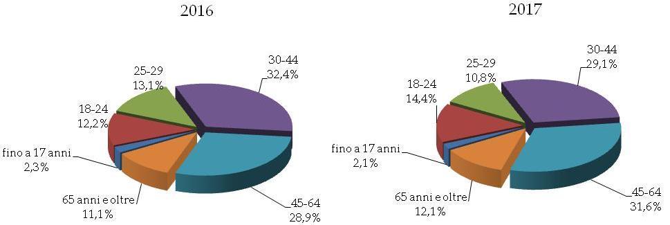 Figura 11 Composizione per età dei conducenti coinvolti in incidenti stradali per fascia d età, Puglia, 2016, 2017 (valori percentuali) Analizzando la distribuzione dei conducenti per veicolo, si è