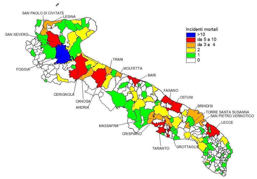 Analizzando i dati dell incidentalità mortale a livello comunale, è stato possibile evidenziare che il maggior numero di sinistri mortali è stato rilevato nel territorio ricadente nel comune di