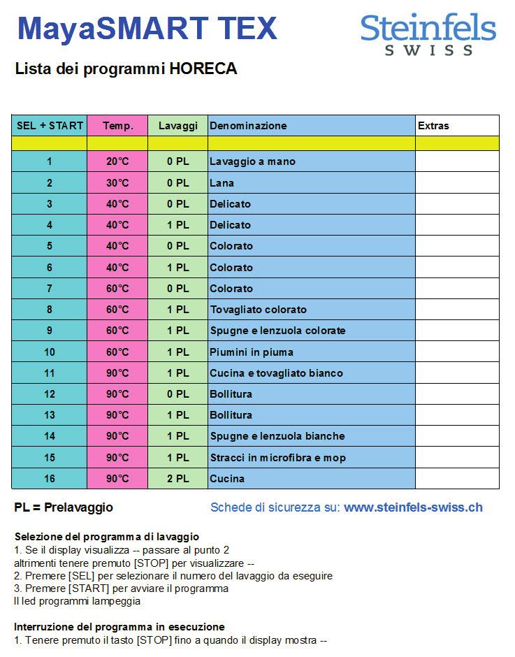 MayaSmartTex programma di lavaggio standard MayaSmartTex viene fornito