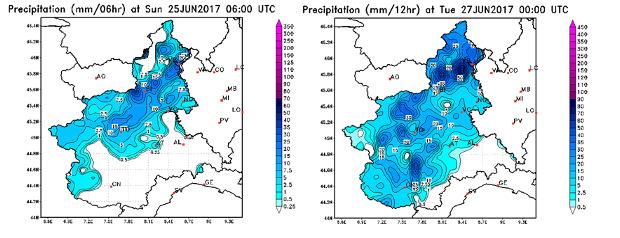 Figura 2. Precipitazione cumulate su 6 ore per il mattino del 25 giugno e su 12 ore per il pomeriggio del 26 giugno. Elaborazione Arpa Piemonte su dati della rete meteoidrografica di Arpa Piemonte.