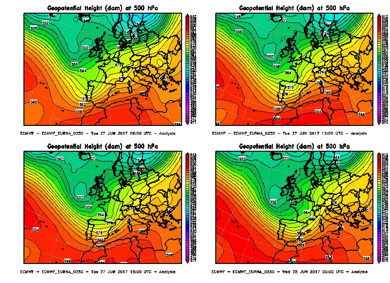 Figura 3. Evoluzione dell altezza di geopotenziale a 500 hpa del 27 giugno 2017 a scadenza esaoraria. Elaborazione Arpa Piemonte su dati ECMWF.