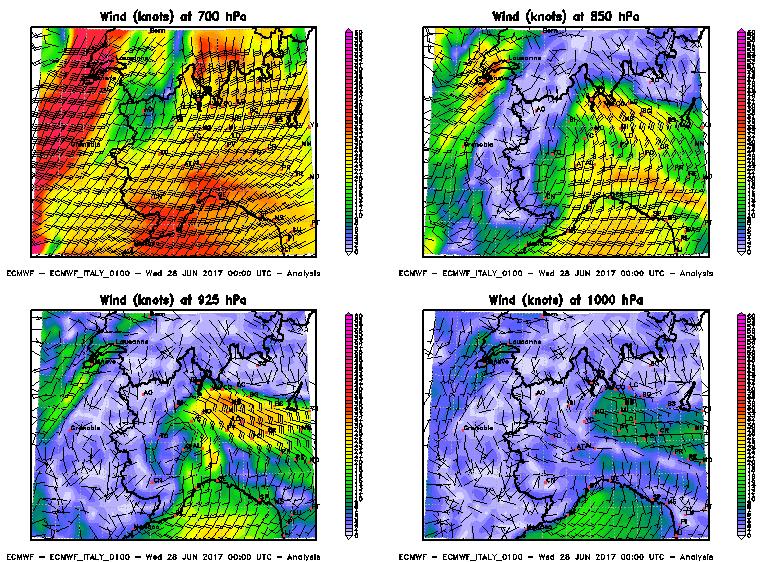 Figura 6. Mappa dei venti a differenti quote alle 00 UTC del 28 giugno 2017.