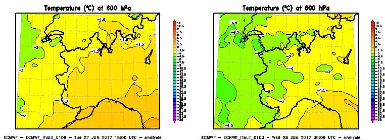 Mappa della temperatura a 600 hpa alle 18 UTC del 27 giugno e alle 00 UTC