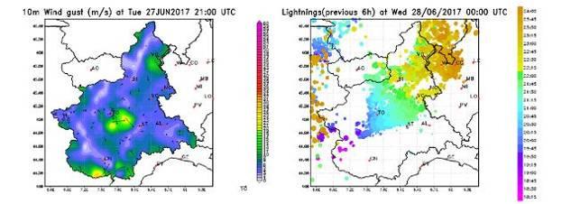 Figura 8. Immagine IR 10.8 del satellite Meteosat sul nord Italia alle ore 20:30 UTC del 27 giugno 2017; il colore viola corrisponde a nubi più fredde. Elaborazione Arpa Piemonte su dati EUMETSAT.