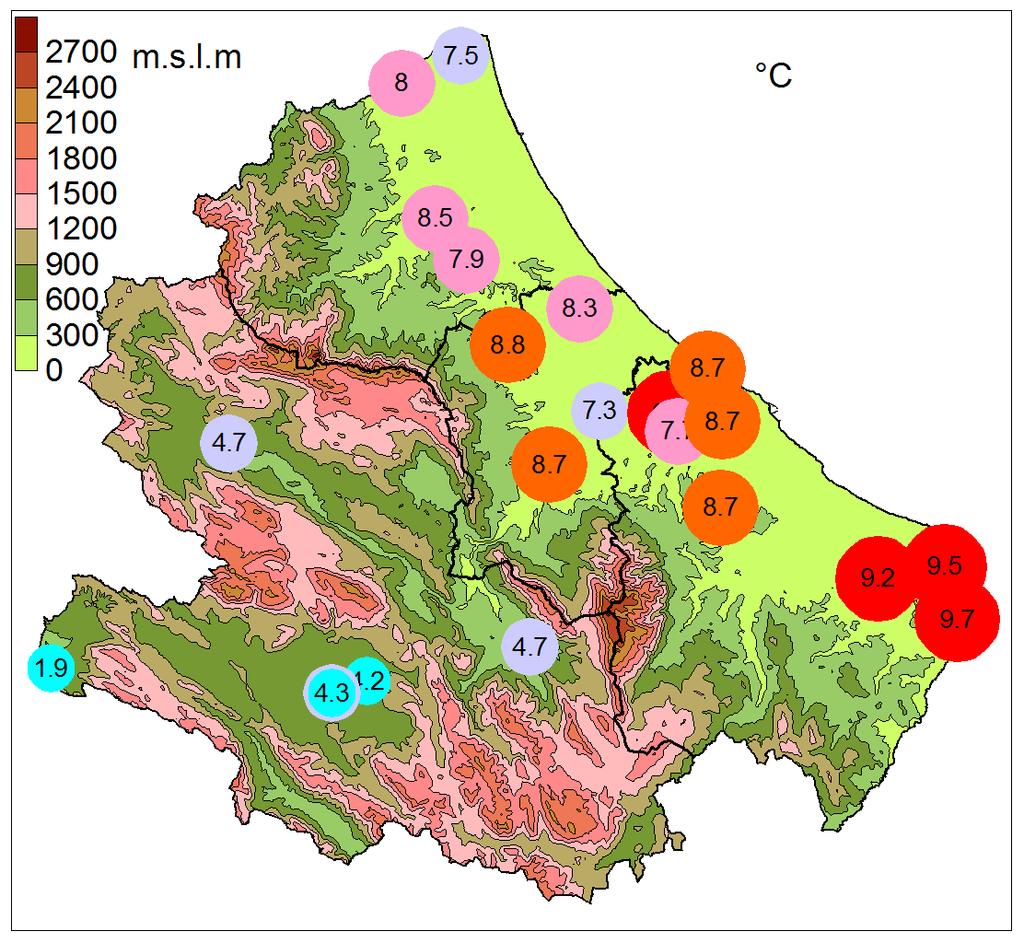 Fig. 3 Distribuzione territoriale della media delle temperature