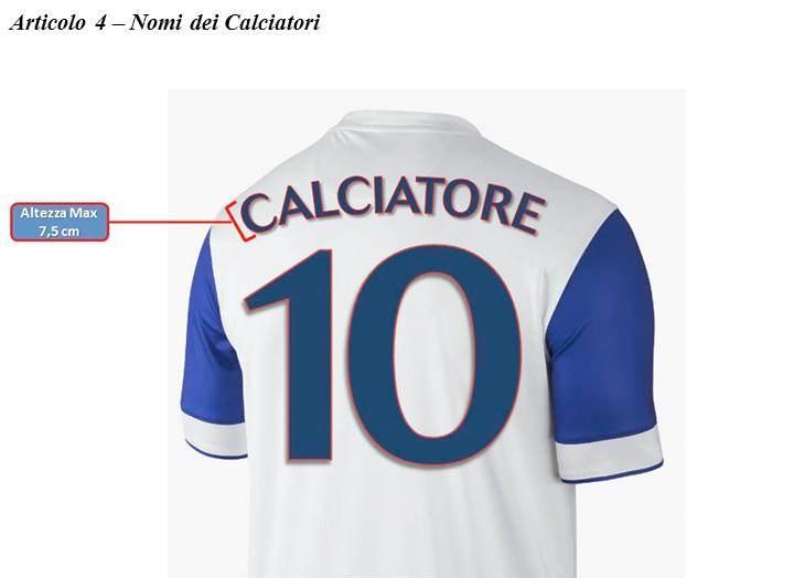 2. I caratteri delle lettere che compongono la scritta devono avere un altezza massima di 7,5 cm. 3. Di ogni calciatore deve figurare sulla maglia il cognome.
