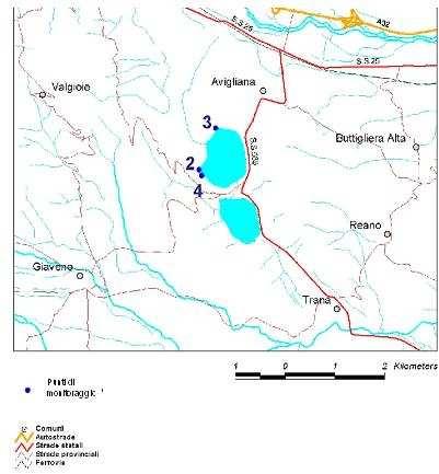 2.5 Lago Grande di Avigliana Nella stagione sono state sottoposte a monitoraggio 3 zone (Figura 2.5.1) e tutte hanno mantenuto l idoneità per l intera stagione balneare.
