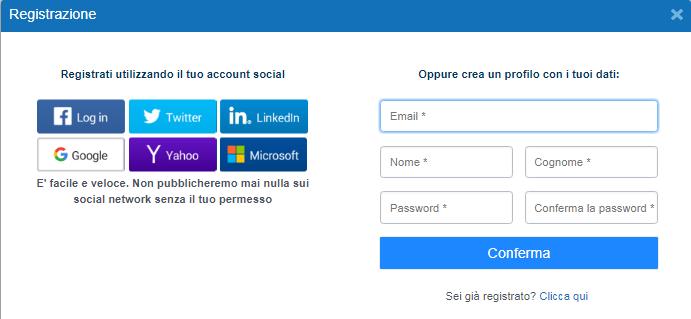 Compila i campi e inserisci: Email, Nome, Cognome, Password (con conferma della stessa) e fai clic su Conferma Per proseguire devi