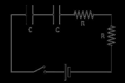 Due condensatori di capacità C = 6 mf, due resistenze =, kw ed una batteria da V sono collegati in serie