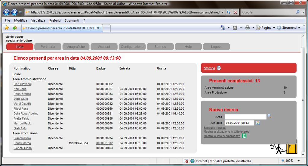 Situazione presenti Check&In fornisce in tempo reale un quadro riassuntivo delle persone presenti in