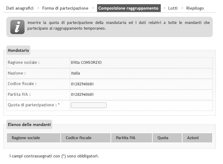 Figura 17 Compilare i dati anagrafici di tutti gli operatori mandanti del raggruppamento.