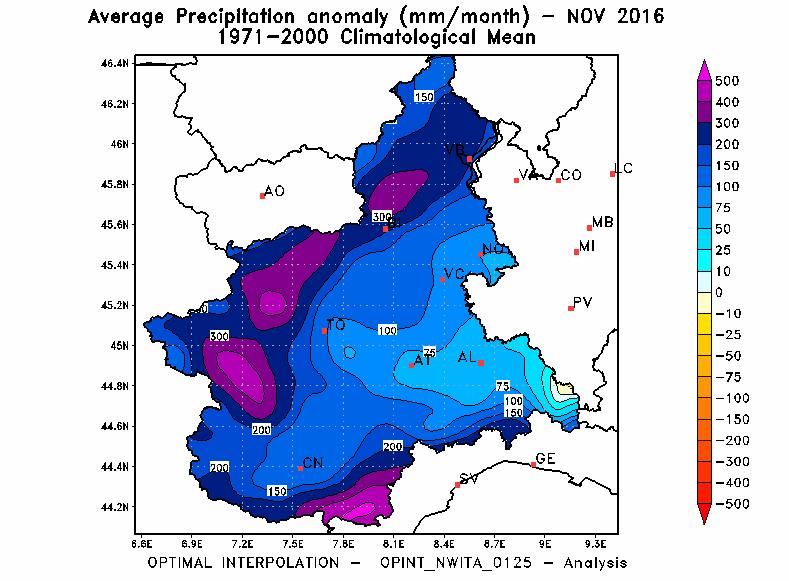 Precipitazioni In Piemonte il mese di novembre 2016 è risultato il 5 più ricco di precipitazioni degli ultimi 59 anni, con una precipitazione media di circa 255 mm, superiore del 225% rispetto alla