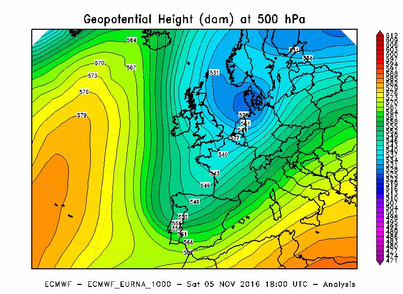 Figura 2 Altezza di geopotenziale a 500 hpa alle ore 18 UTC del 5 novembre 2016.