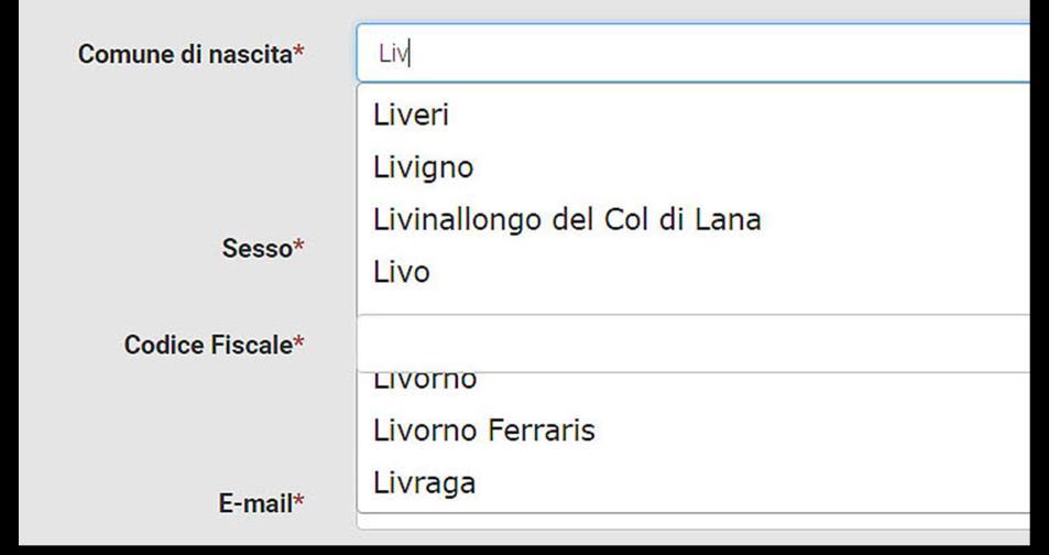 Una volta digitate le prime tre lettere del comune di nascita il sistema proporrà le varie