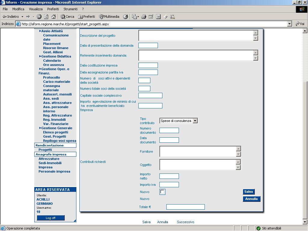 Dati generali del progetto Verrà aperta la pagina per l inserimento dei dati principali del progetto.