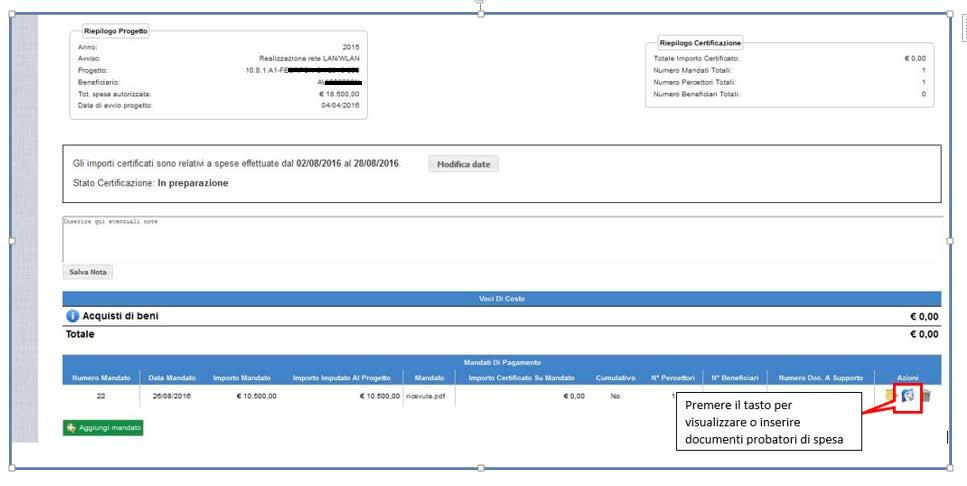 4.2.5 Associazione documenti probatori di spesa L utente accede alla seguente schermata dopo aver premuto il tasto Avanti dalla schermata di inserimento del mandato oppure premendo il tasto