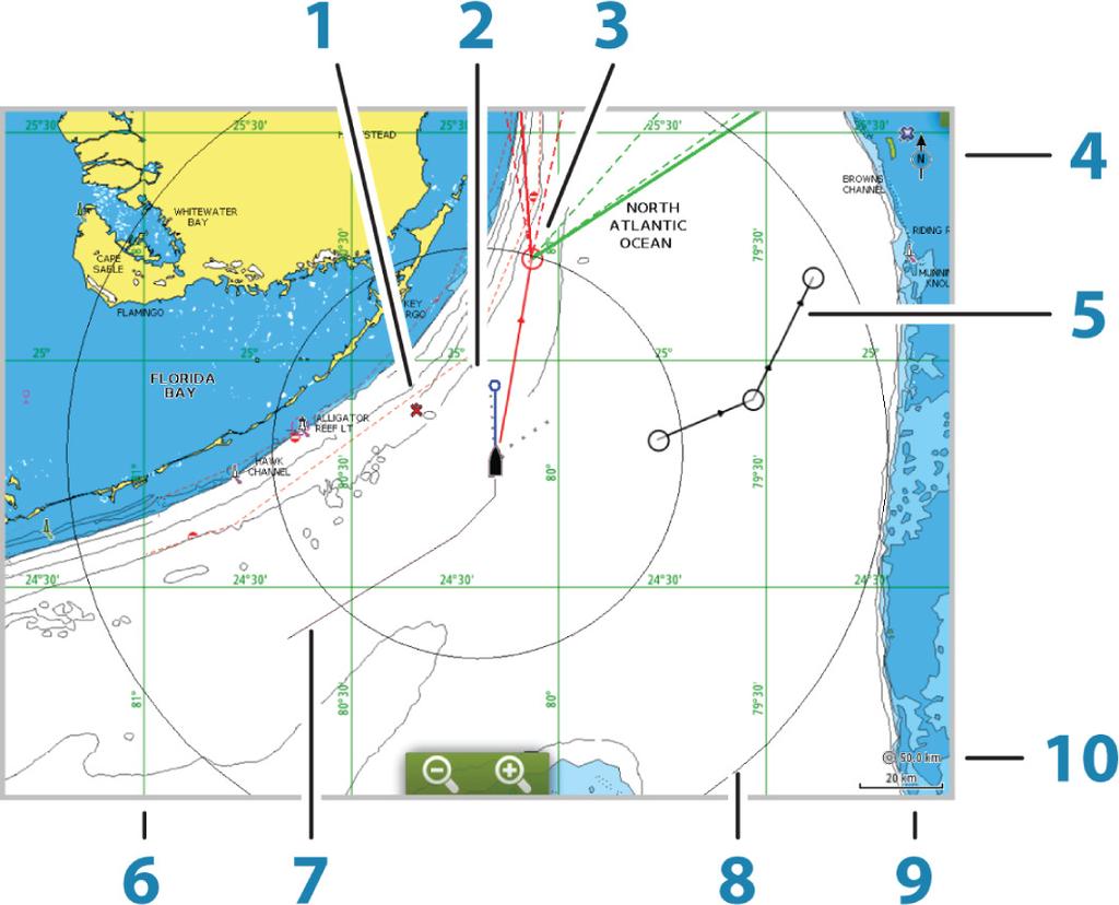 3 Carte La funzione cartografica visualizza la posizione dell'imbarcazione rispetto alla terraferma e ad altri oggetti cartografici.