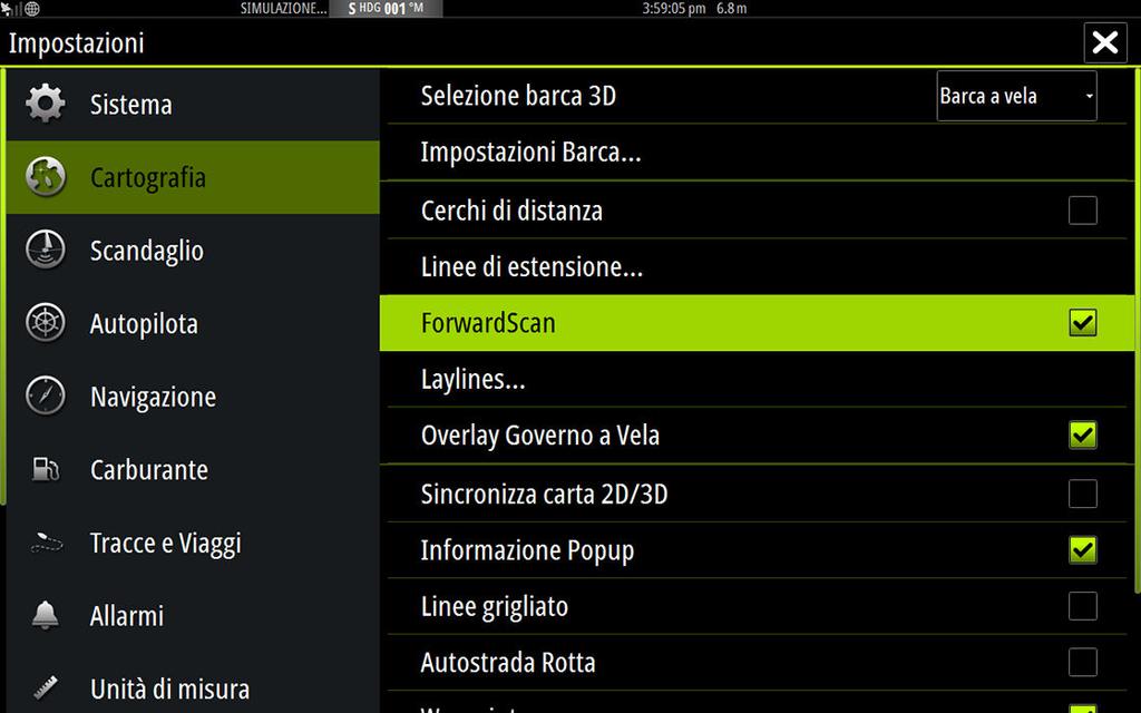 (Chart Settings) per visualizzare l'estensione della direzione