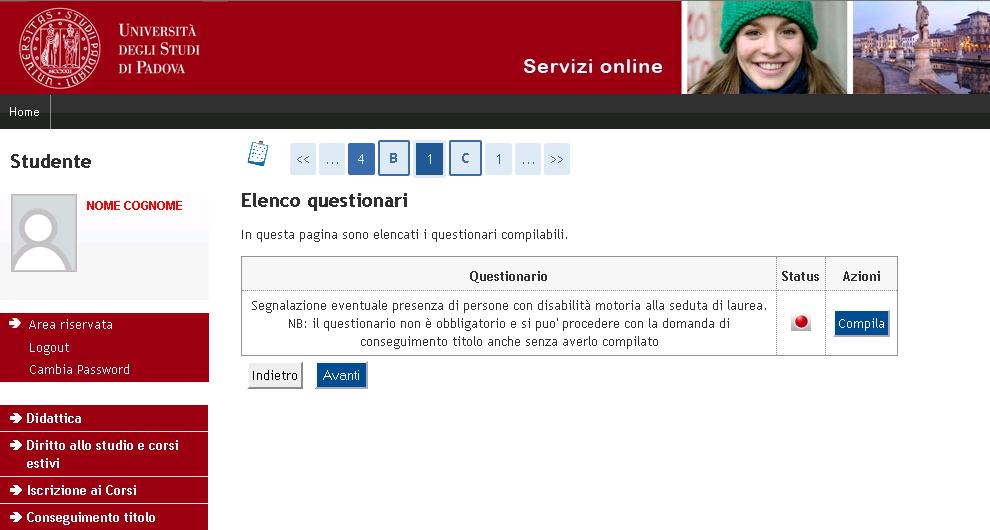 Quindi si giunge alla pagina di segnalazione di eventuali accompagnatori con disabilità motorie alla seduta di laurea.