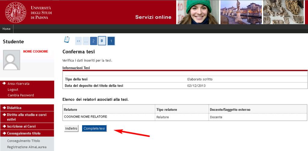 Dopo aver completato la tesi appare la pagina in cui viene