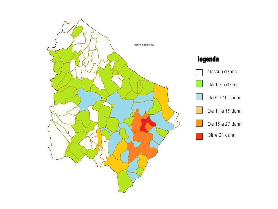 Pag.18 Anche qui è evidente la marcata distribuzione territoriale con privilegio della fascia pedemontana, ma con evidenti picchi sulla fascia costiera e con una prevalenza di danni comunque