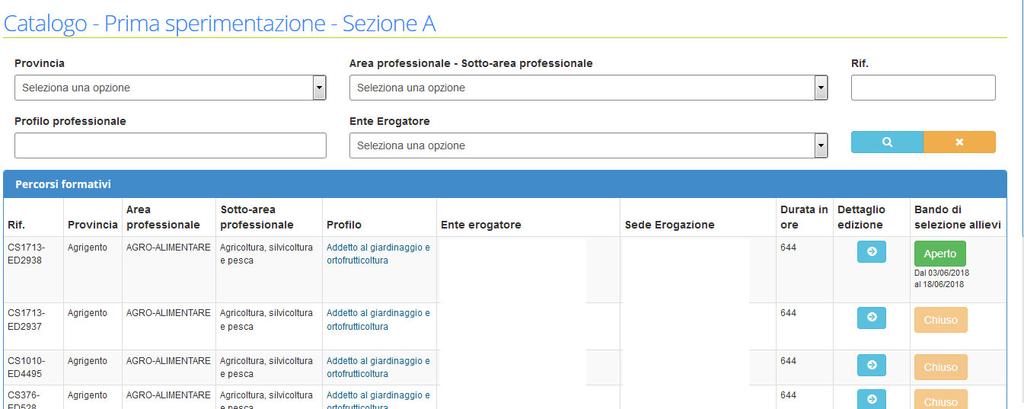 Per facilitare la consultazione del Catalogo è possibile ricercare il percorso formativo di interesse inserendo dei filtri negli appositi campi: Provincia; Area professionale sotto area