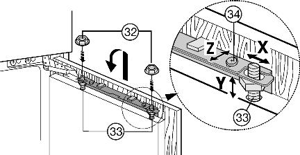 26 (31): disegnare sull'anta del mobile una lineetta al centro dell'anta e farvi coincidere la punta della freccia della traversa.