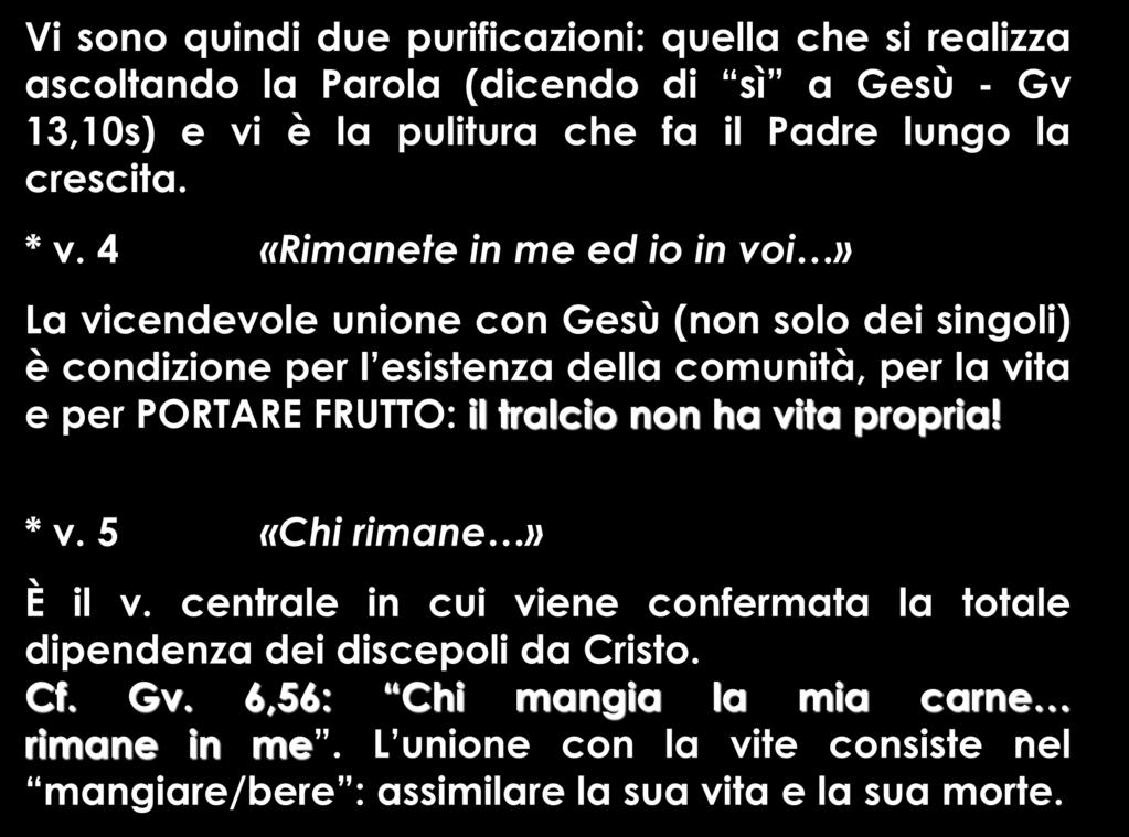 Vi sono quindi due purificazioni: quella che si realizza ascoltando la Parola (dicendo di sì a Gesù - Gv 13,10s) e vi è la pulitura che fa il Padre lungo la crescita. * v.