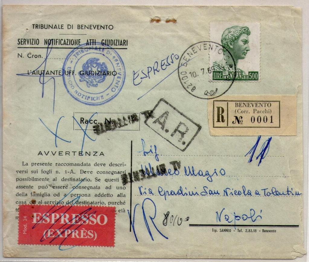 UNDICESIMO PERIODO USO INTERNO- SETTIMO PERIODO USO ESTERO 10 luglio 1969; Atto notorio da Benevento per Napoli per Espresso, tariffa: (lettera 1