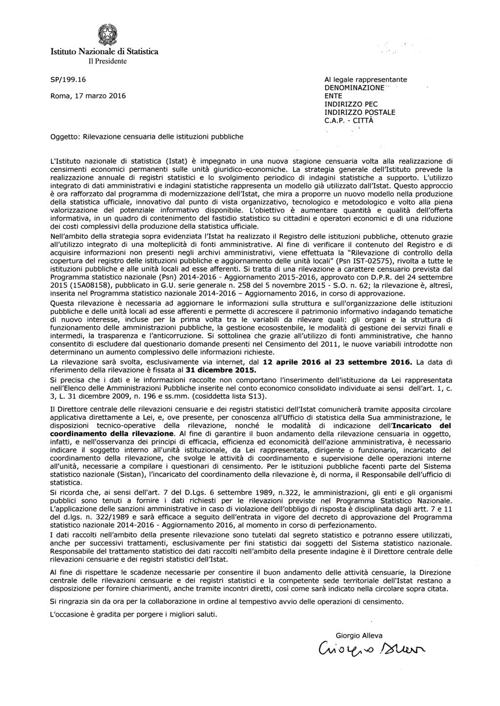 Istituto Nazionale di Statistica Il Pr