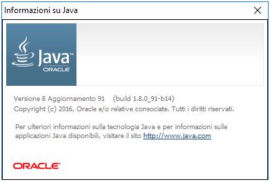 3. Nella nuova finestra visualizzata controllare la versione di Java: Nel caso in cui la versione non soddisfi i requisiti minimi richiesti (Versione Java: JRE da versione 8 u51 a 8 u101 (32 bit))