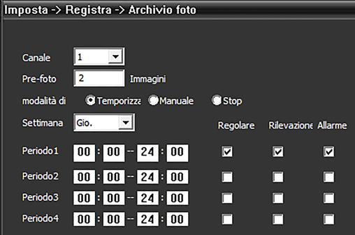 Archivio foto In maniera analoga alla funzione precedente, si impostano i parametri relativi alla gestione delle foto (snapshot).